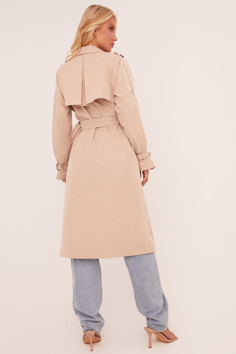 Beige Longline Belt Detail Button Front Trench Coat - Melony