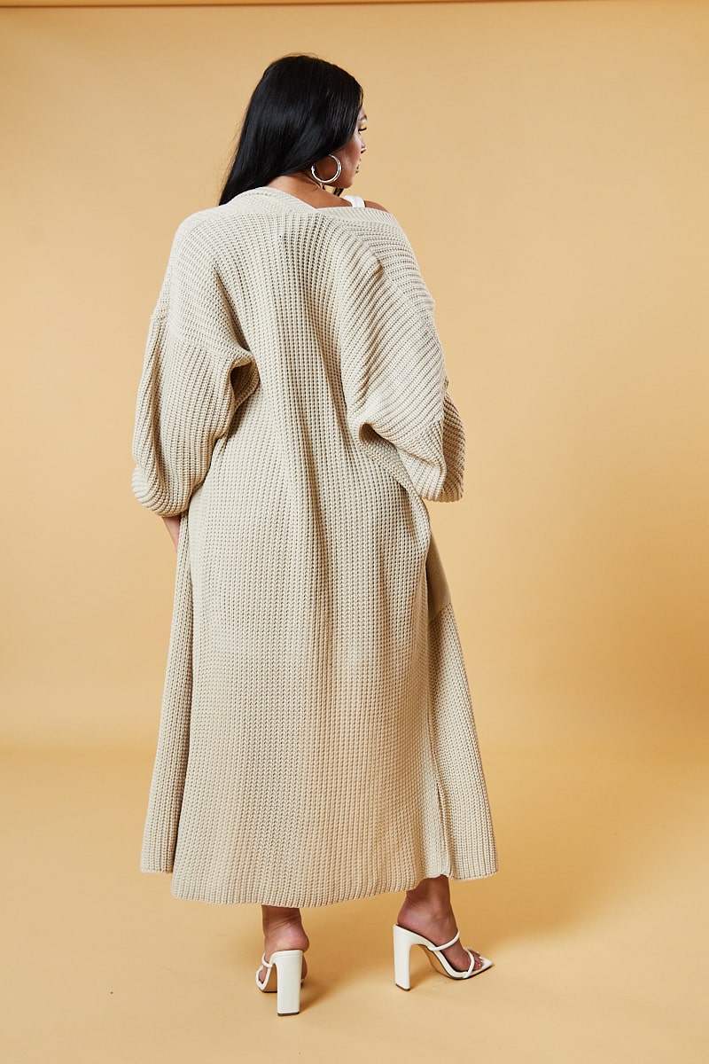 Beige Longline Knit Maxi Cardigan - Ema