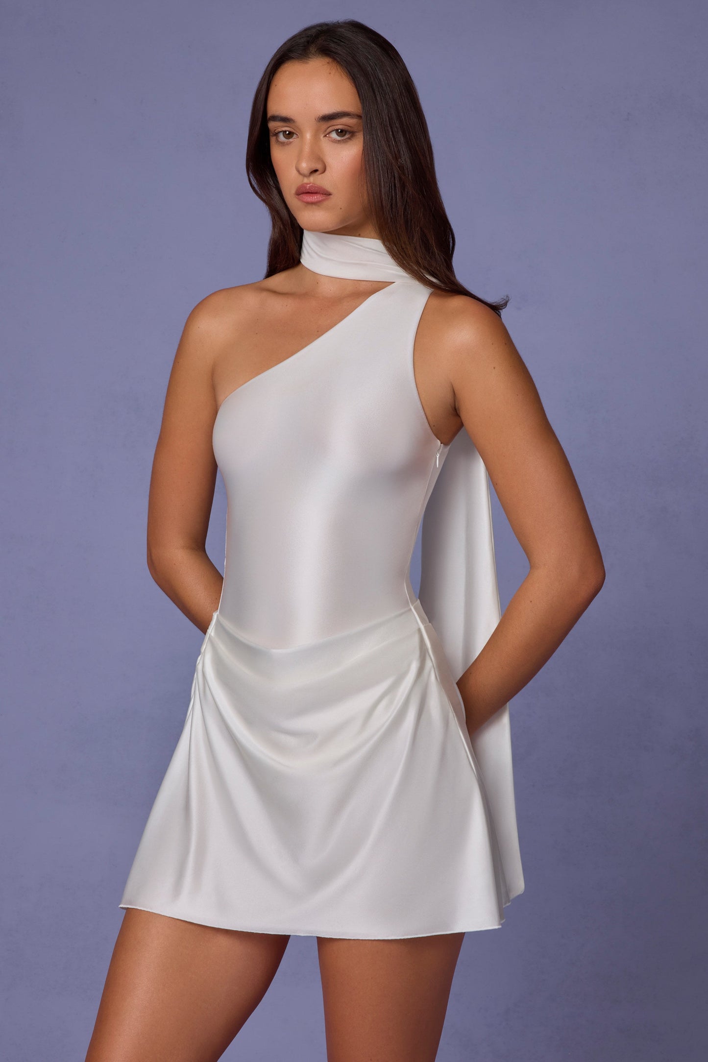 Asymmetric Scarf-Detail Mini Dress in White