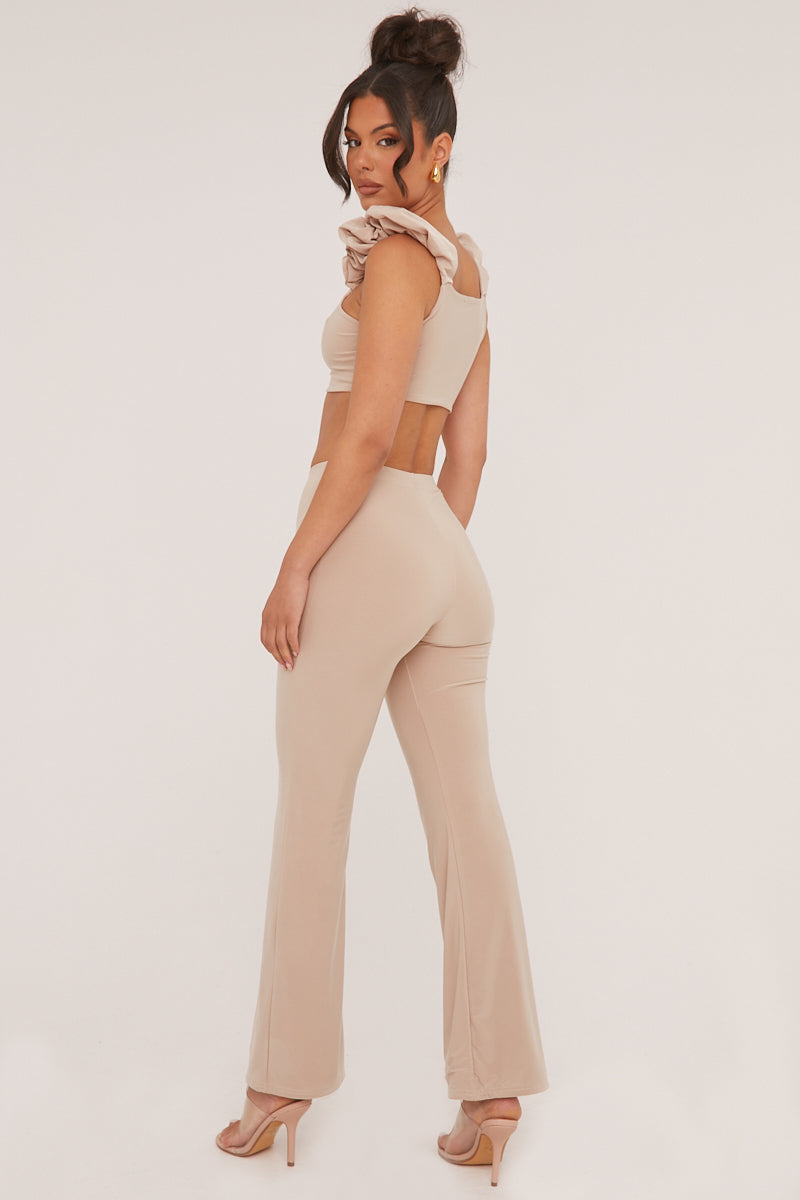 Beige Frill Detail Cropped Top & Wide Leg Trousers Co-ord Set - Sophie