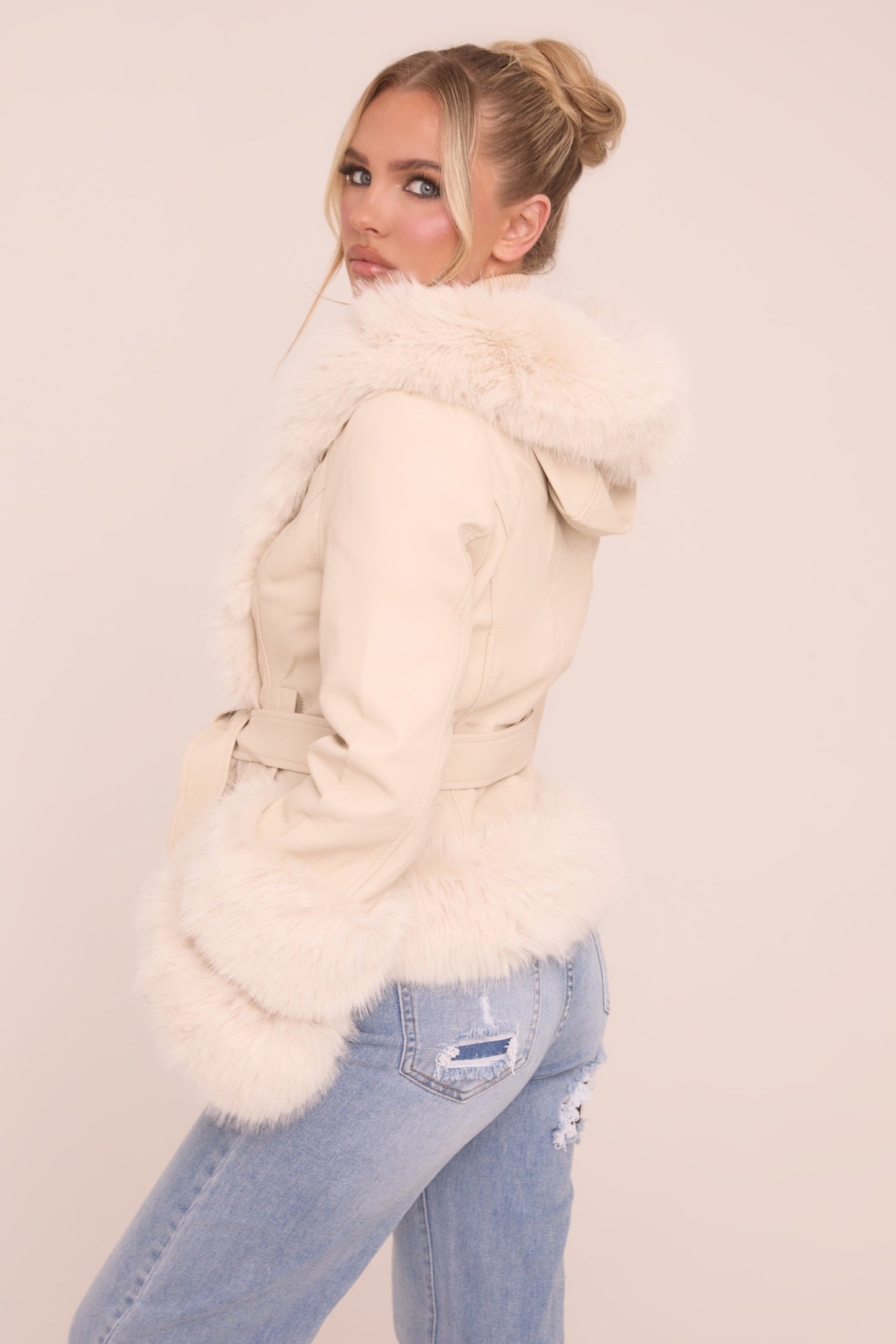 Beige Faux Leather Fur Trim Jacket - Casey