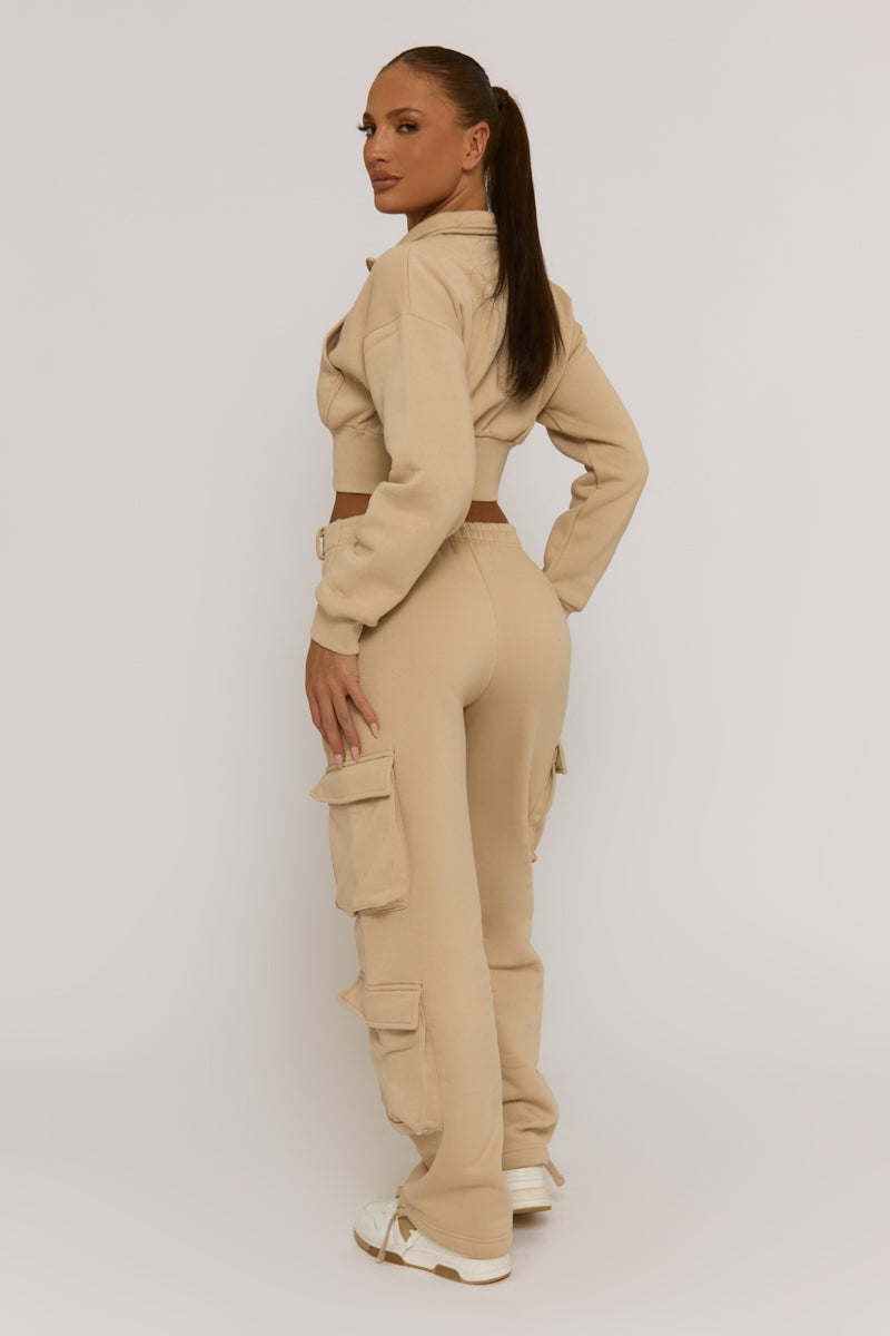 Beige Marl Cropped Cargo Lounge Co-ord Set - Lizzie