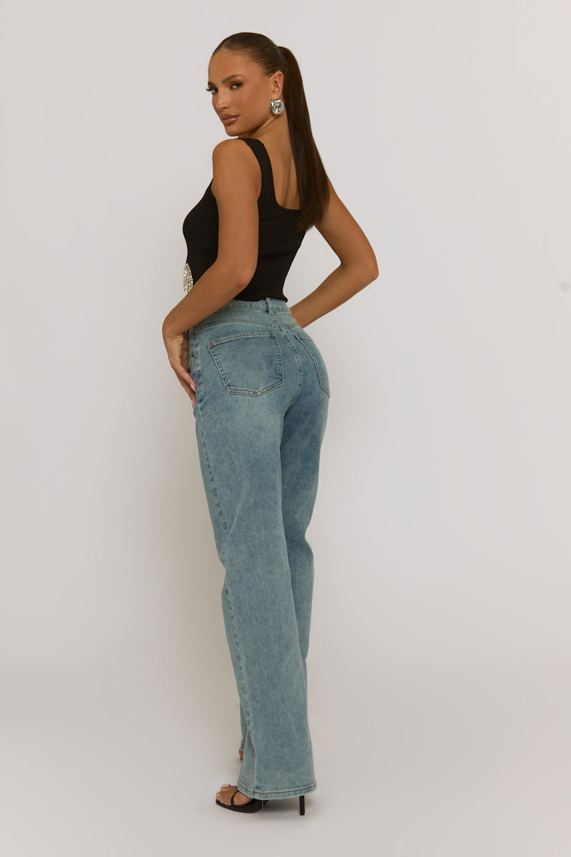 Acid Wash Blue Asymmetric Waist Wide Leg Jeans - Christi