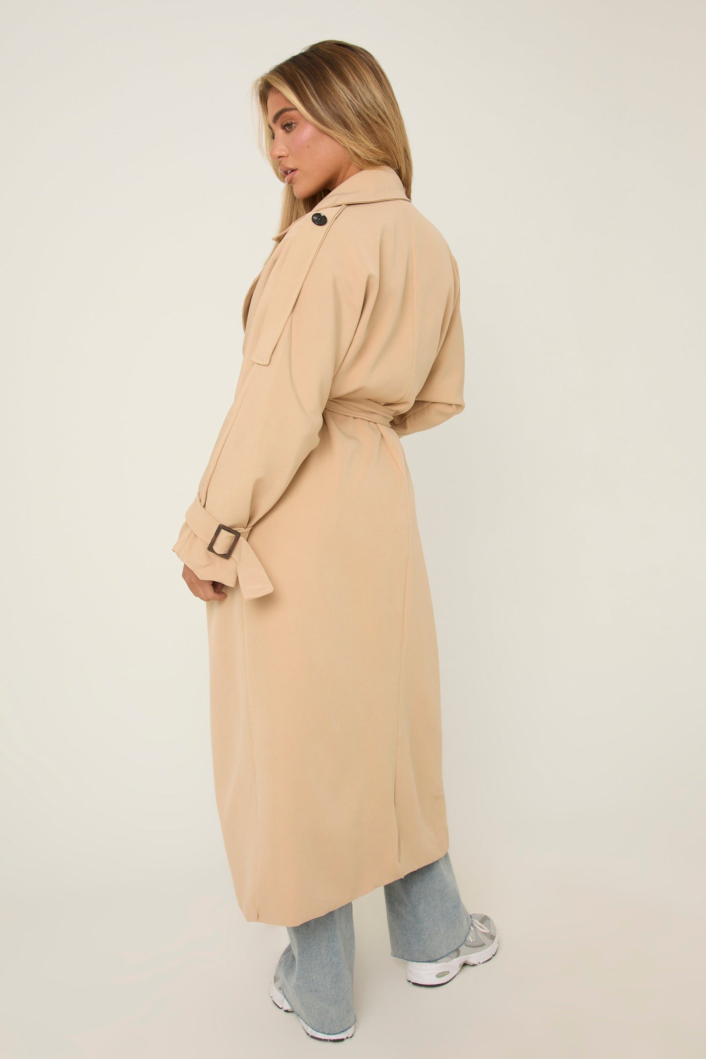 Beige Double Breasted Tie Sleeve Longline Oversized Trench Coat - Annmarie