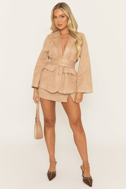 Beige Faux Suede Button Up Belted Blazer - Verra