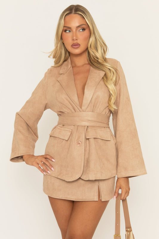 Beige Faux Suede Button Up Belted Blazer - Verra