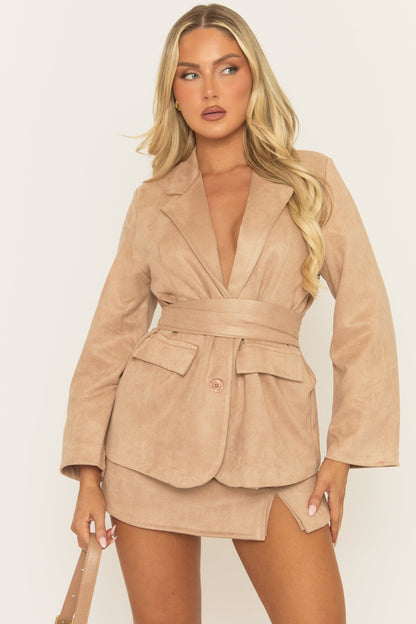 Beige Faux Suede Button Up Belted Blazer - Verra