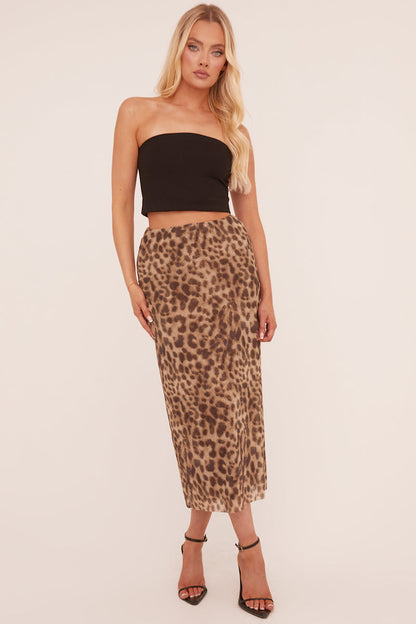 Beige Leopard Print Midi Skirt - Avina