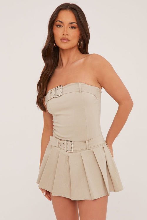 Beige Pleat Detail Self Belt Bandeau Playsuit - Paisly