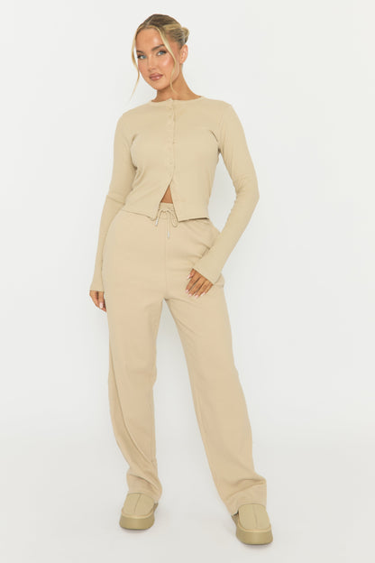 Beige Button Front Long Sleeve Top and Trouser Loungewear Set - Izzabelle
