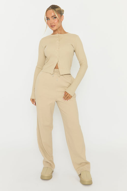 Beige Button Front Long Sleeve Top and Trouser Loungewear Set - Izzabelle