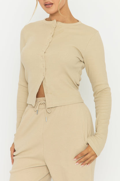 Beige Button Front Long Sleeve Top and Trouser Loungewear Set - Izzabelle