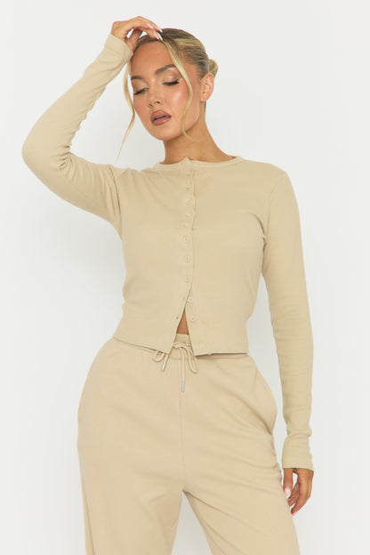 Beige Button Front Long Sleeve Top and Trouser Loungewear Set - Izzabelle