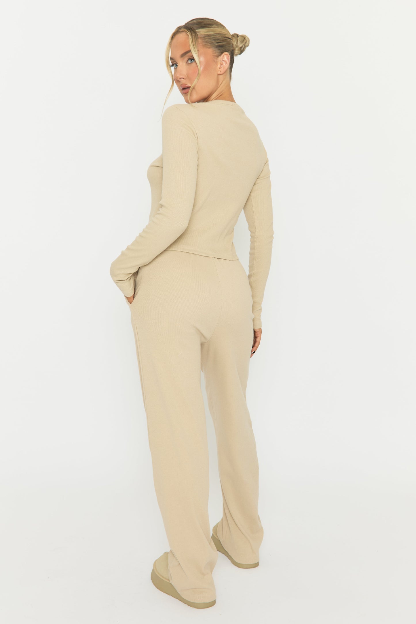 Beige Button Front Long Sleeve Top and Trouser Loungewear Set - Izzabelle