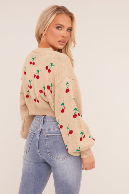 Beige Cherry Print Cropped Jumper - Emaline