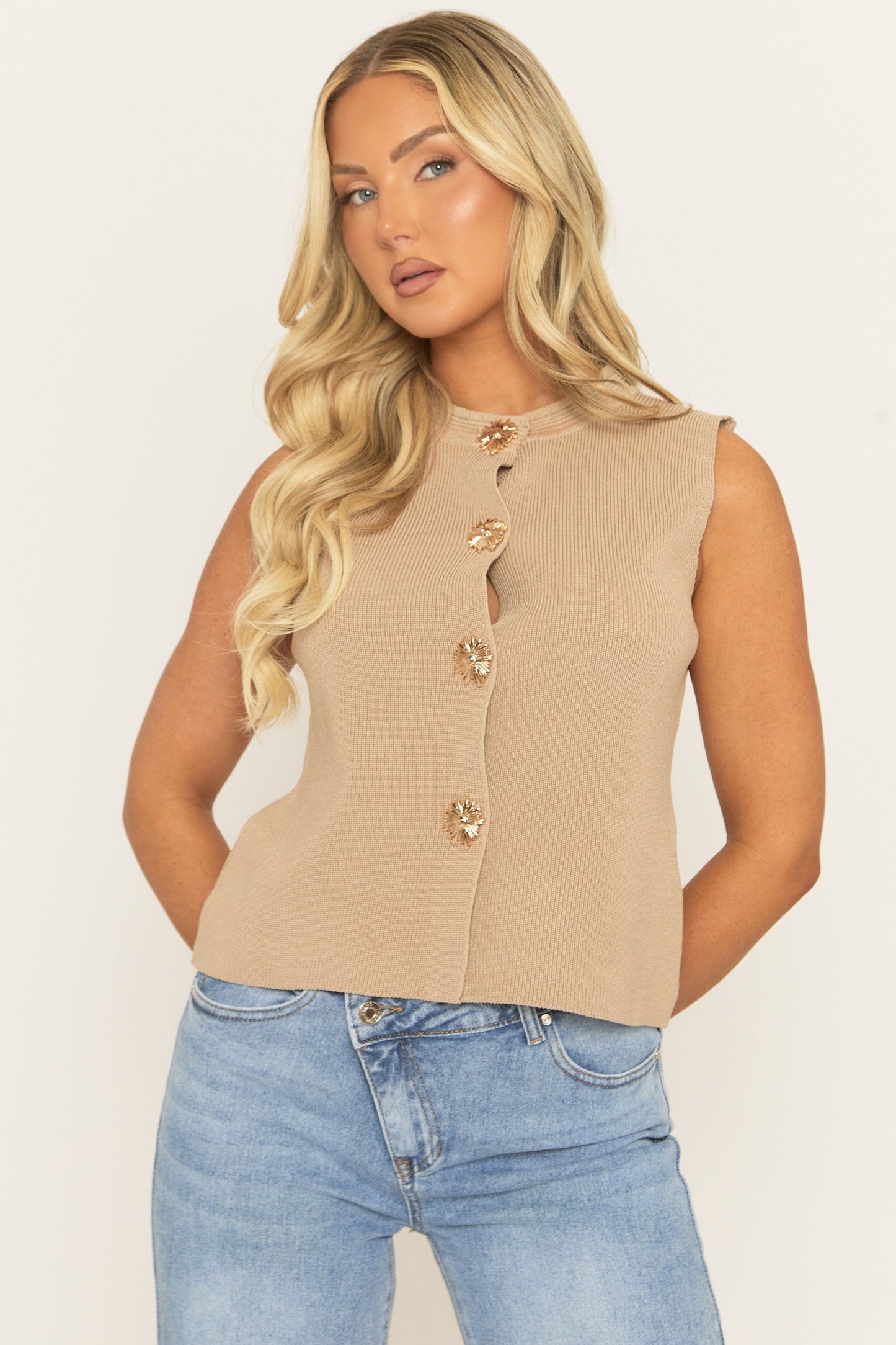 Beige Gold Button Detail Knitted Waistcoat - Amorie