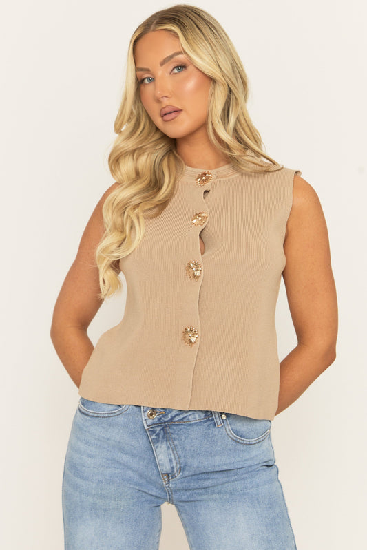 Beige Gold Button Detail Knitted Waistcoat - Amorie