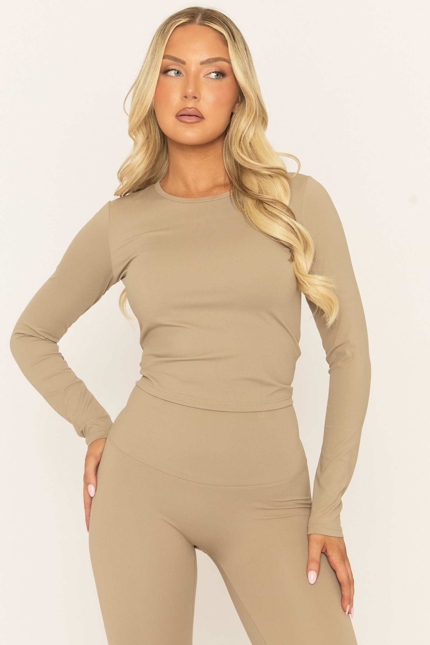 Beige Long Sleeve Top and Energise Legging Activewear Set - Shanee