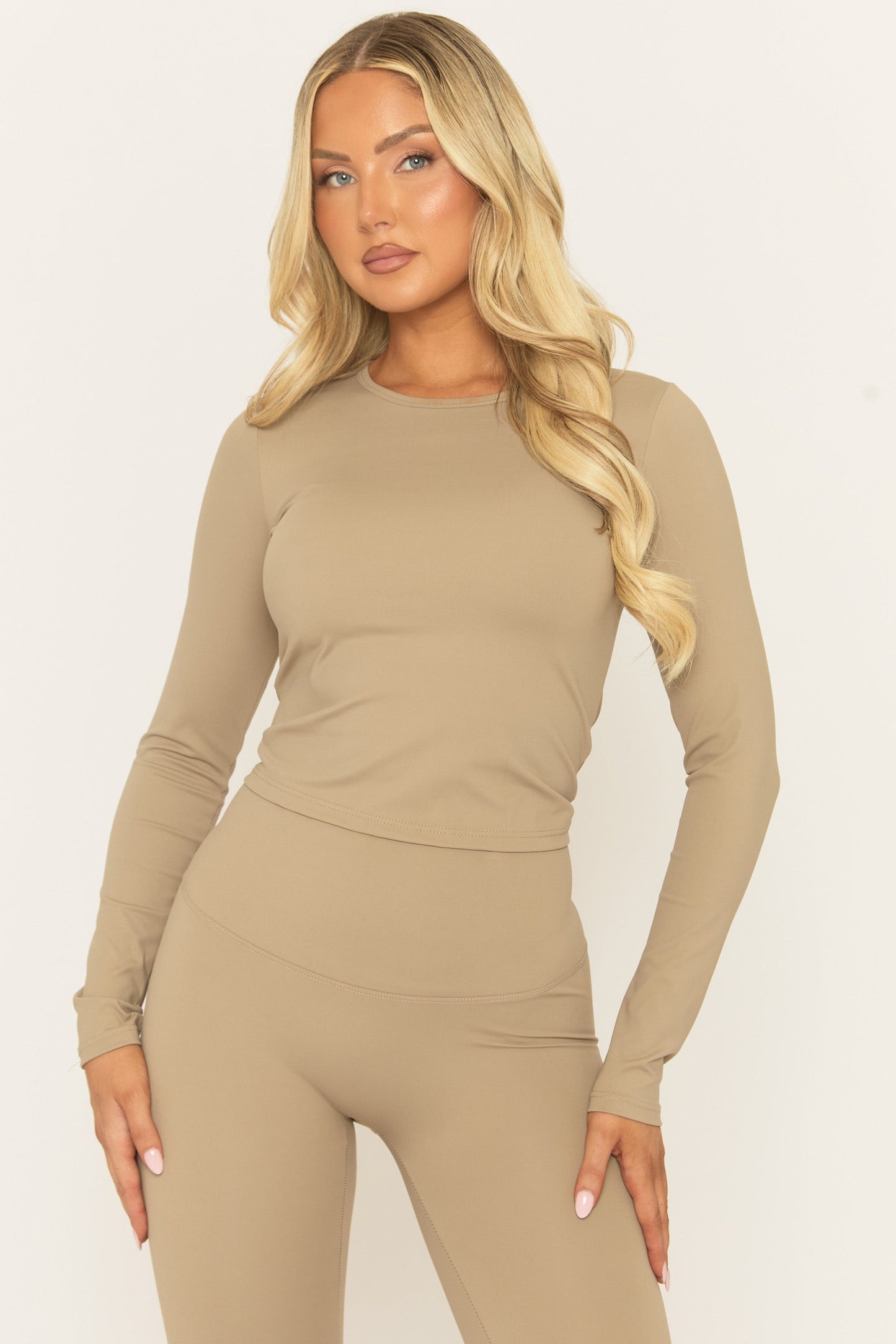 Beige Long Sleeve Top and Energise Legging Activewear Set - Shanee