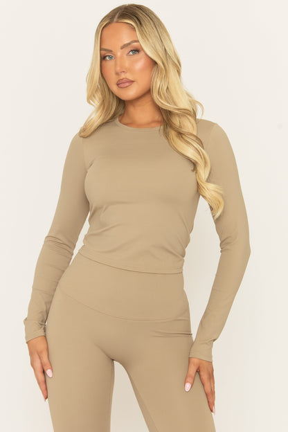 Beige Long Sleeve Top and Energise Legging Activewear Set - Shanee