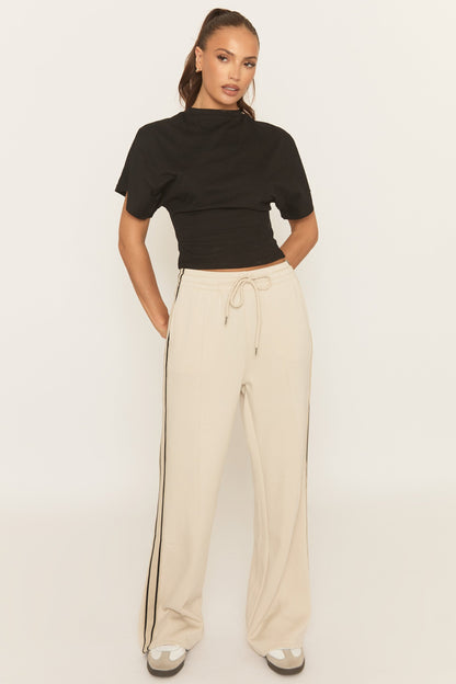 Beige Seam Front Side Stripe Wide Leg Joggers - Corane