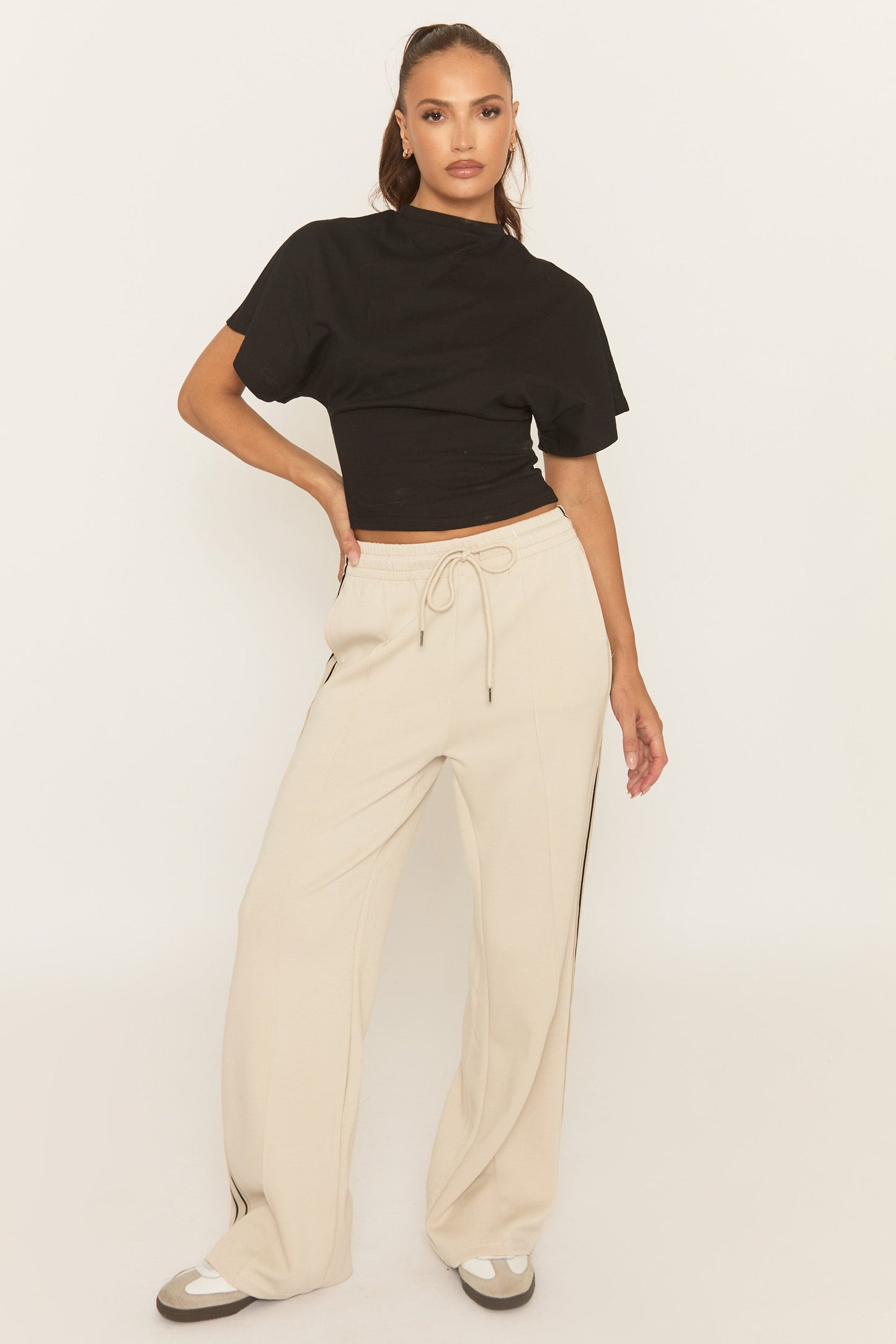 Beige Seam Front Side Stripe Wide Leg Joggers - Corane
