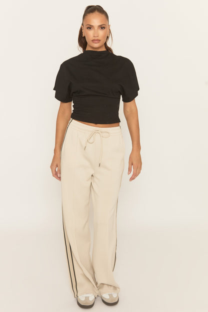 Beige Seam Front Side Stripe Wide Leg Joggers - Corane