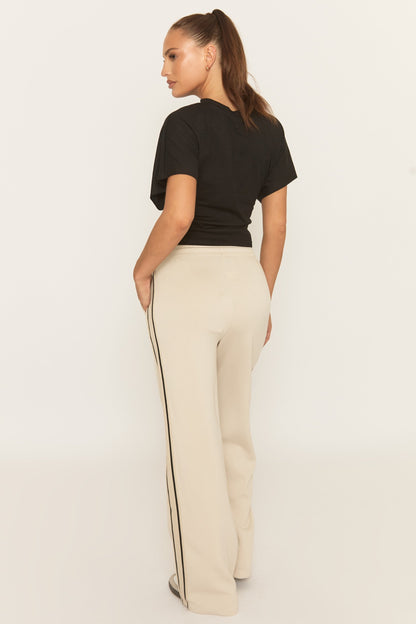 Beige Seam Front Side Stripe Wide Leg Joggers - Corane