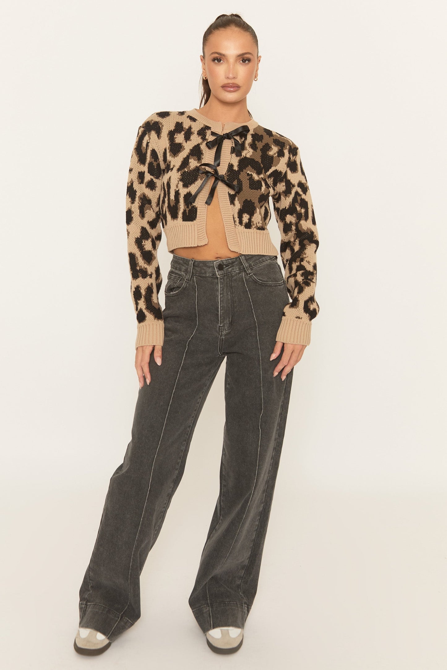 Beige Leopard Print Tie Front Knitted Cardigan - Bekka