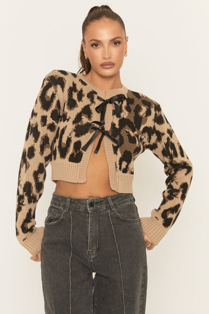 Beige Leopard Print Tie Front Knitted Cardigan - Bekka