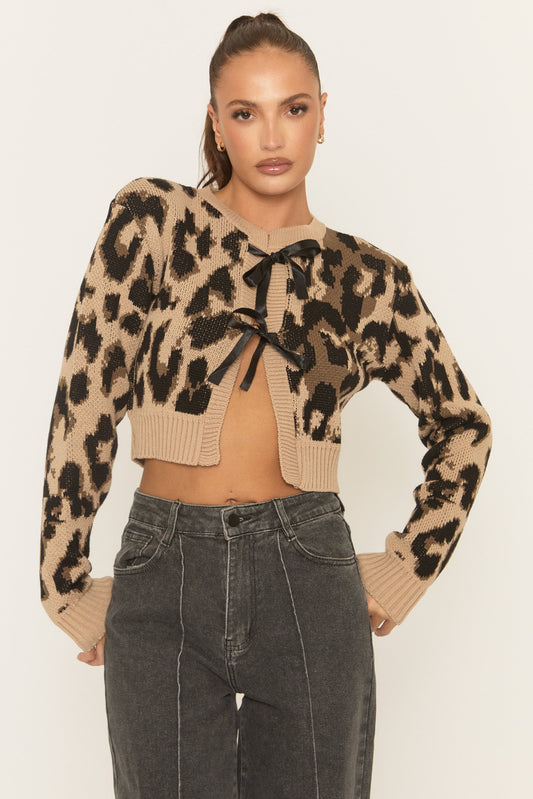 Beige Leopard Print Tie Front Knitted Cardigan - Bekka