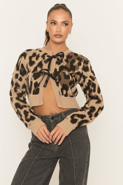 Beige Leopard Print Tie Front Knitted Cardigan - Bekka