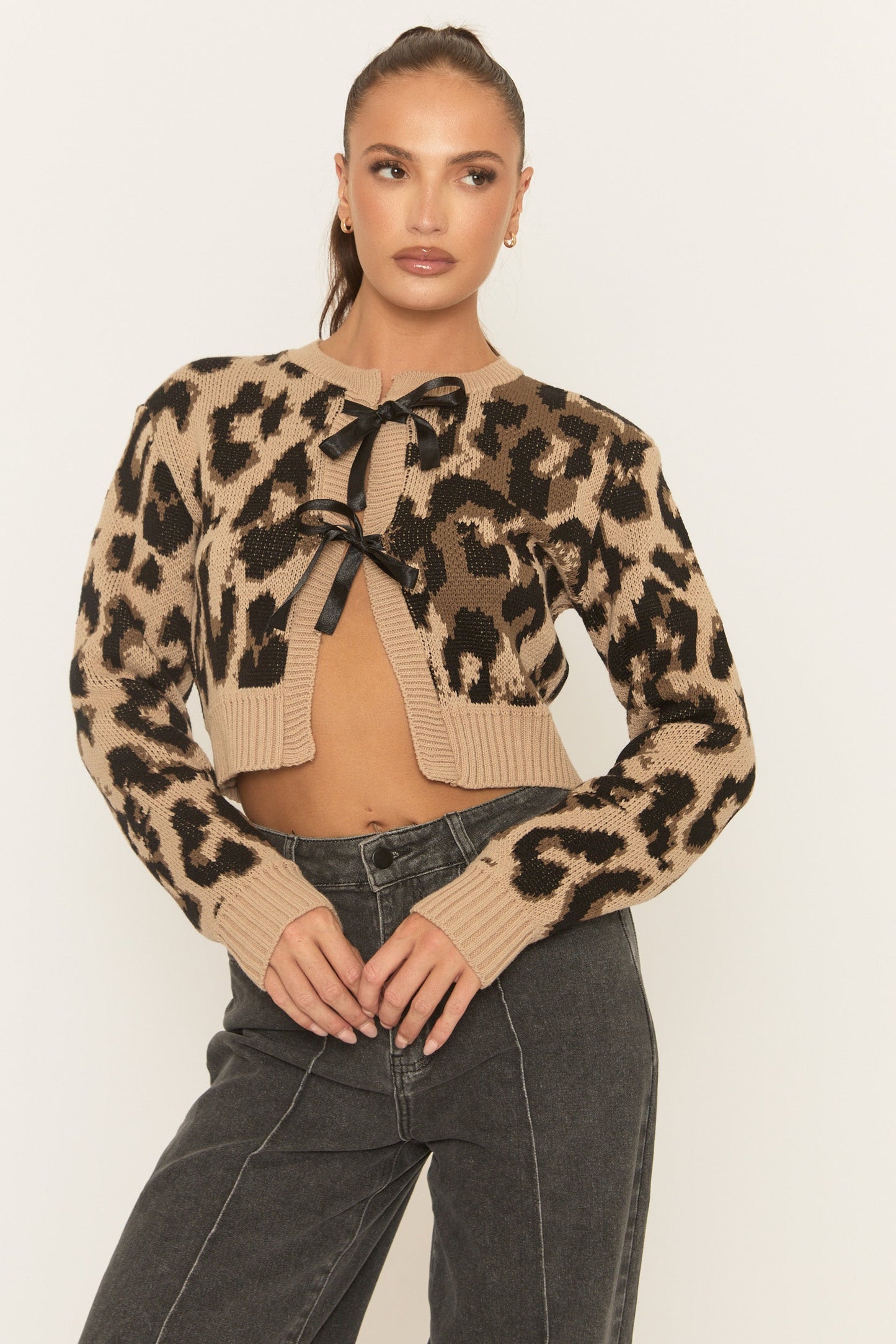 Beige Leopard Print Tie Front Knitted Cardigan - Bekka