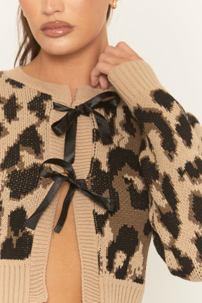 Beige Leopard Print Tie Front Knitted Cardigan - Bekka