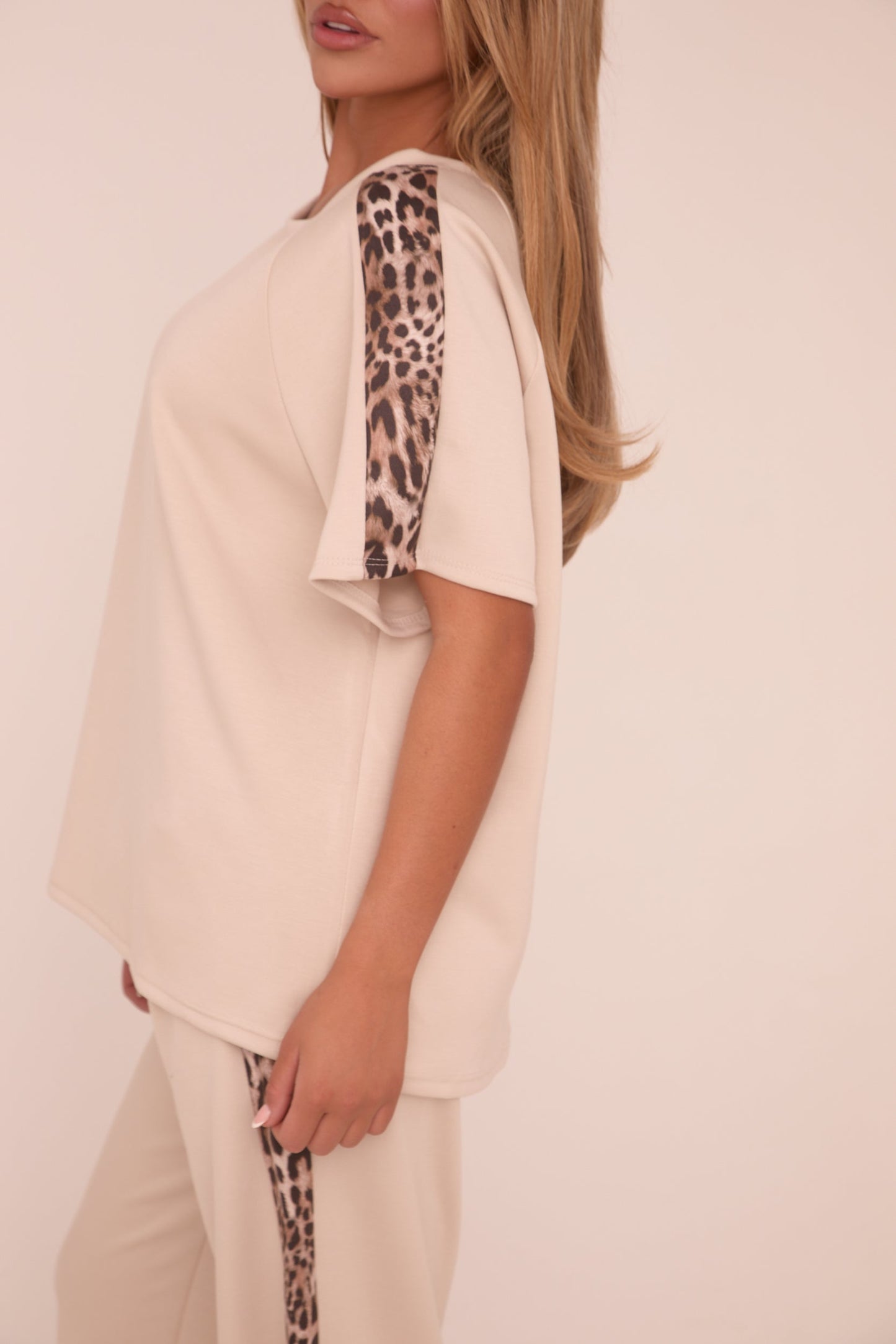 Beige Leopard Trim Oversized T-shirt & Straight Leg Joggers Loungewear Set - Elizabeth