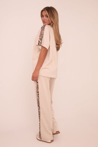 Beige Leopard Trim Oversized T-shirt & Straight Leg Joggers Loungewear Set - Elizabeth