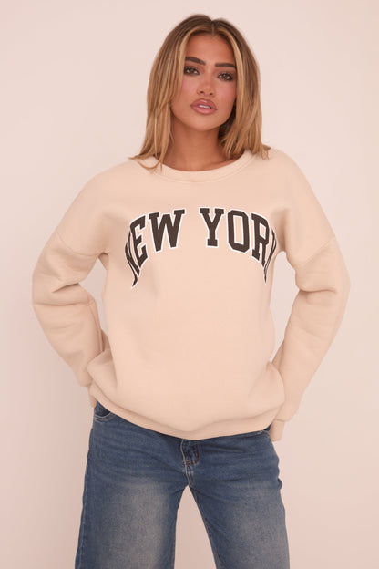 Beige New York Print Sweatshirt - Eternity