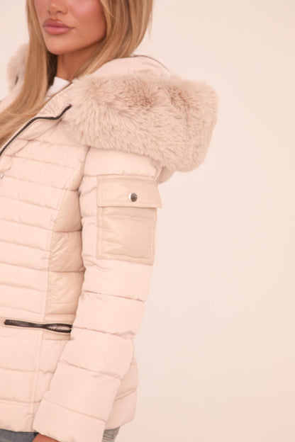 Beige Faux Fur Hooded Puffer Jacket - Glory