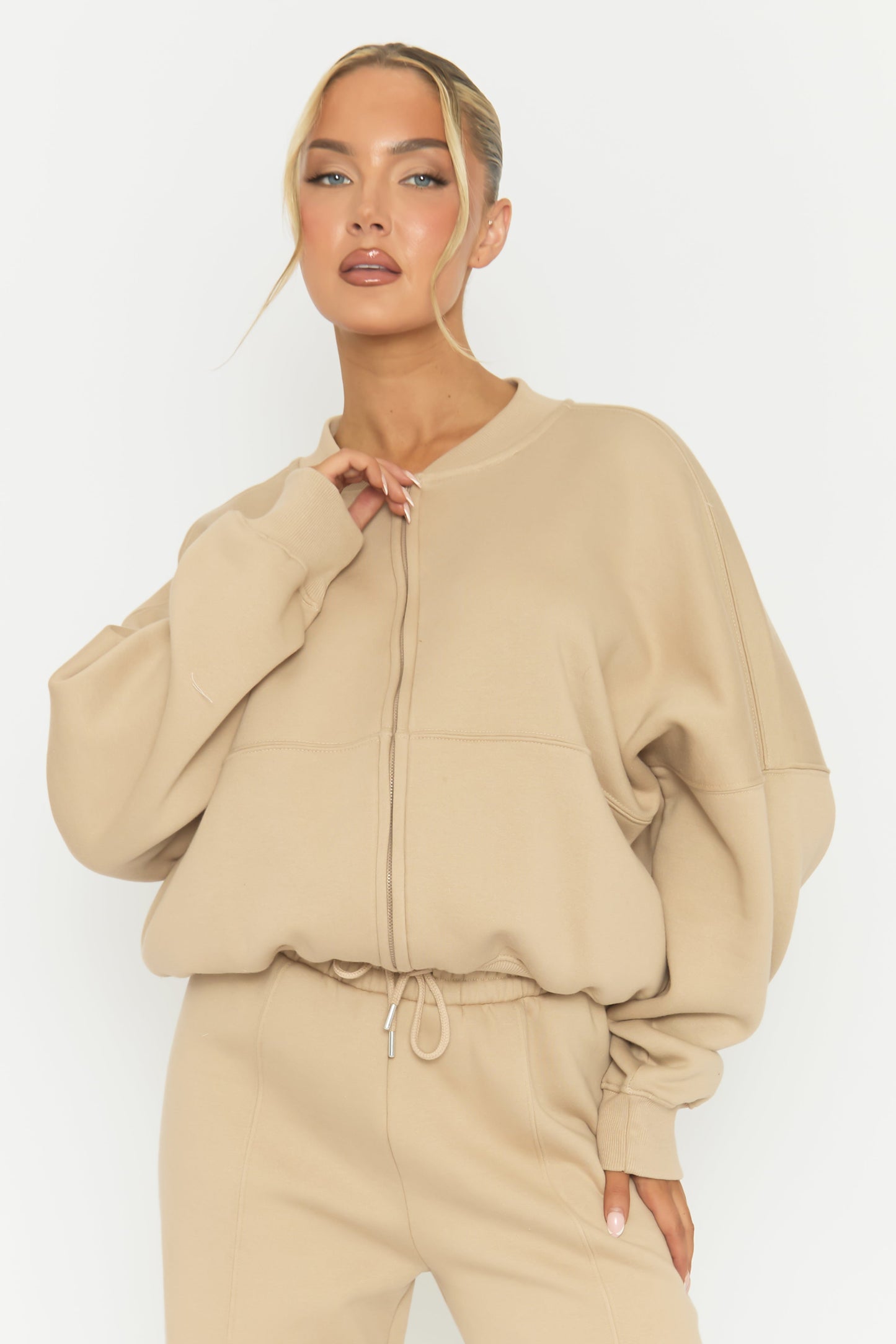 Beige Zip Front Bomber And Joggers Co-ord Set - Sasha