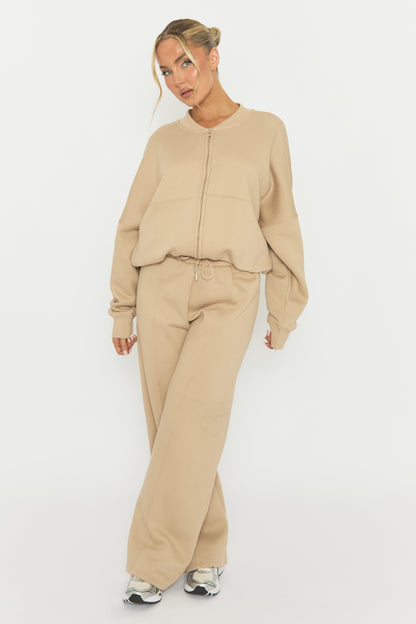 Beige Zip Front Bomber And Joggers Co-ord Set - Sasha