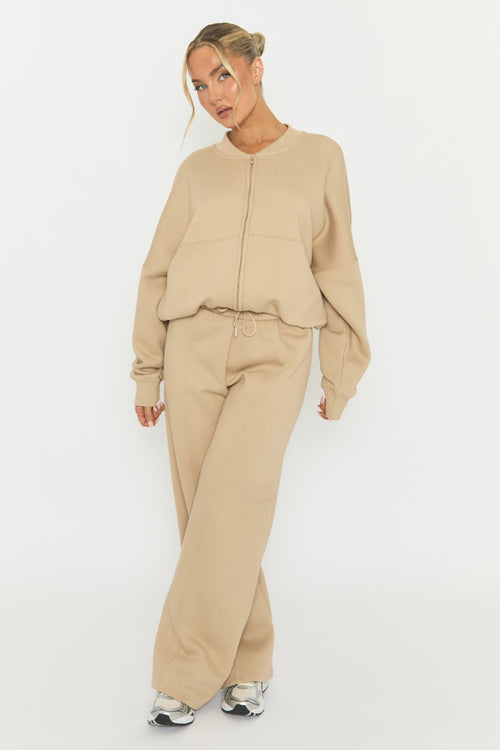 Beige Zip Front Bomber And Joggers Co-ord Set - Sasha