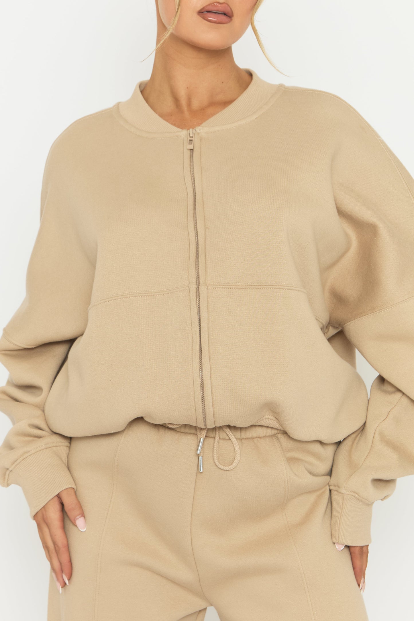 Beige Zip Front Bomber And Joggers Co-ord Set - Sasha