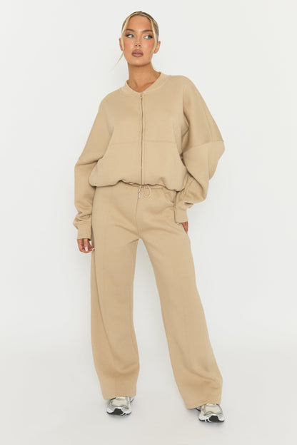 Beige Zip Front Bomber And Joggers Co-ord Set - Sasha