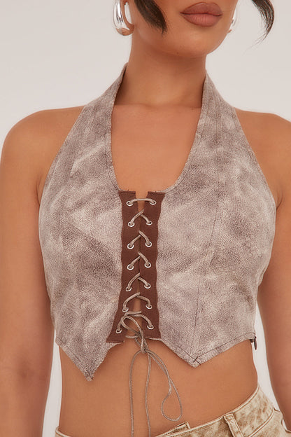 Beige Abstract Print Lace Up Halter Neck Cropped Top - Ayda