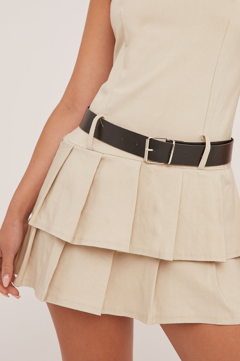 Beige Pleated Belt Detail Mini Dress - Bobbie