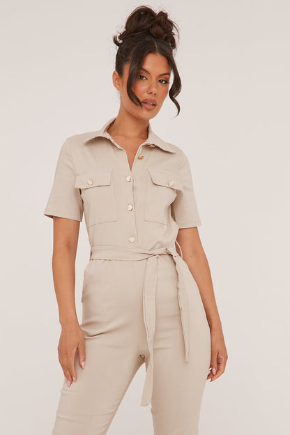 Beige Button Up Front Utility Jumpsuit - Crystal