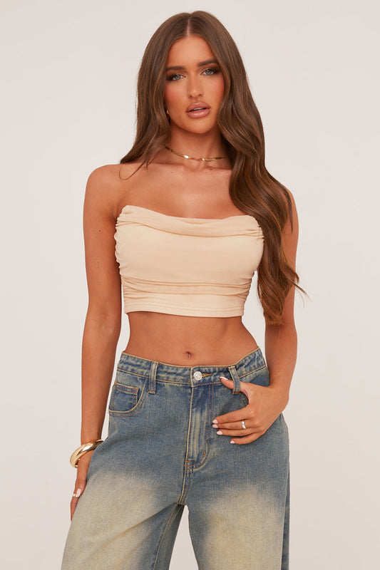 Beige Cowl Neck Corset Detail Cropped Top - Immy