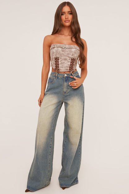Beige Lace Up Corset Detail Cropped Top - Jovey