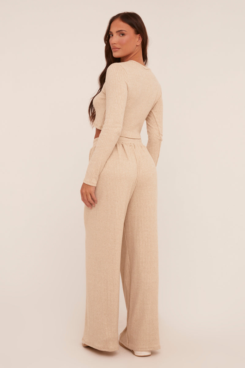 Beige Rib Knit Long Sleeve Top & Wide Leg Trouser Co-ord Set - Damia