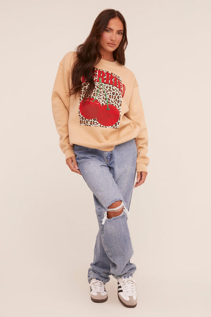 Beige Cherry Print Oversized Sweatshirt - Kellin